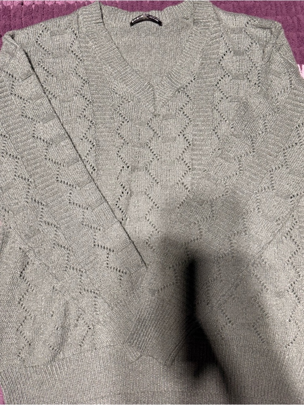Classic V-Neck Pointelle Knit Sweater - Gray
